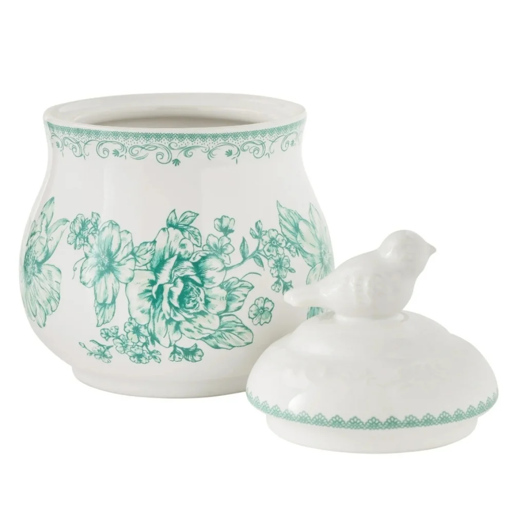 💜 New Pioneer Woman Agatha Green and White Serveware Sugar Bowl With Lid